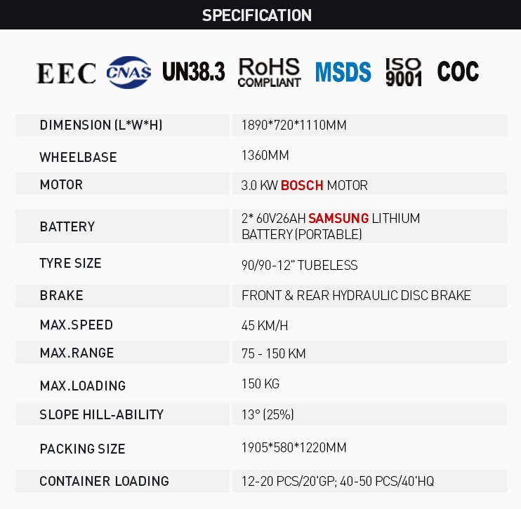 EEC/Coc Approved 12 Inch High Speed Electric Motorcycle 3000W